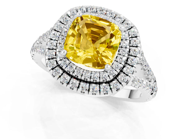 White gold Cushion Cut Yellow Sapphire Double Halo Ring with Pavé Band and Prong Setting