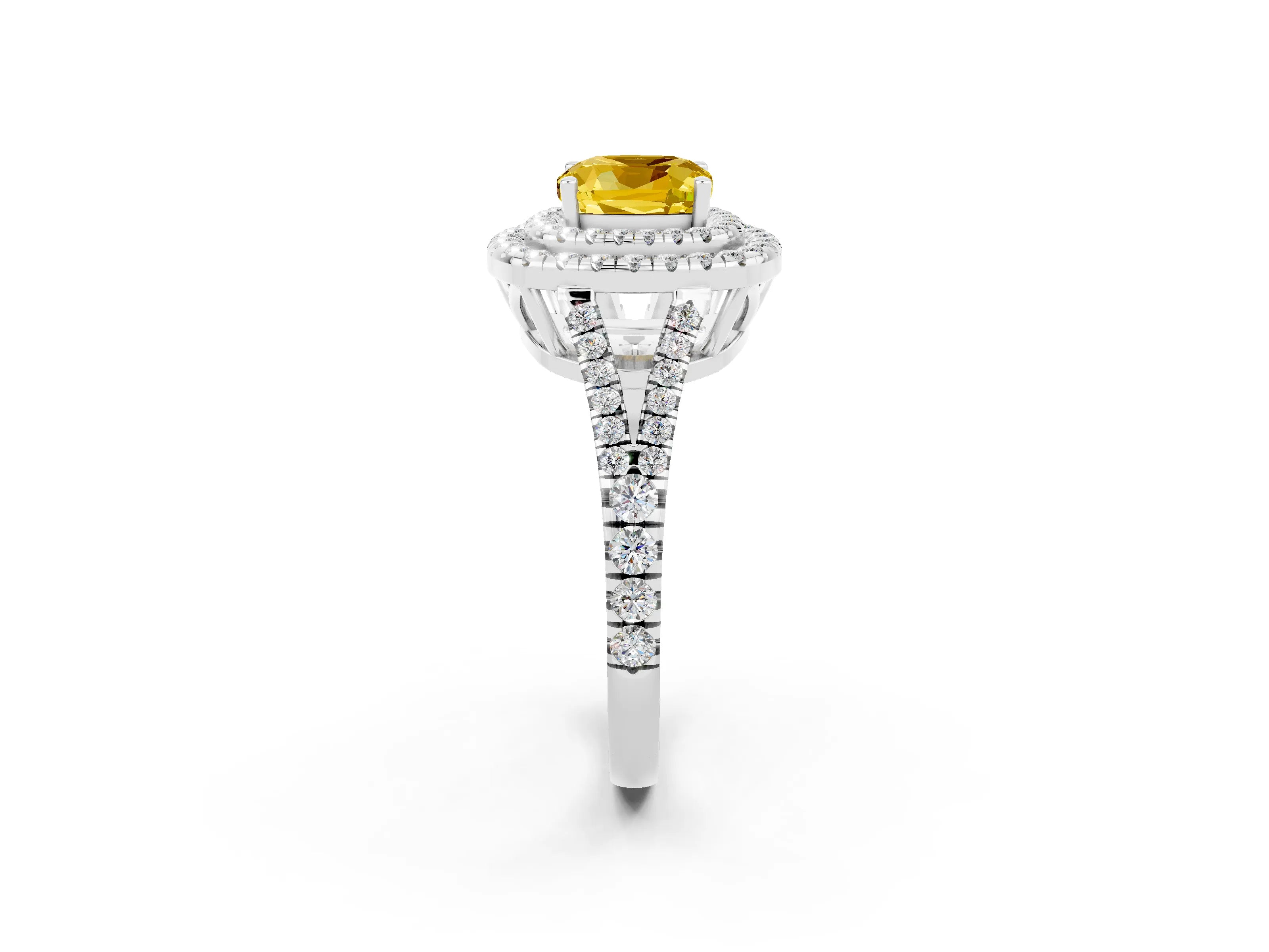 White gold Cushion Cut Yellow Sapphire Double Halo Ring with Pavé Band and Prong Setting_14