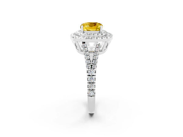 Silver Cushion Cut Yellow Sapphire Double Halo Ring with Pavé Band and Prong Setting