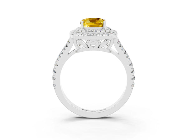 Silver Cushion Cut Yellow Sapphire Double Halo Ring with Pavé Band and Prong Setting