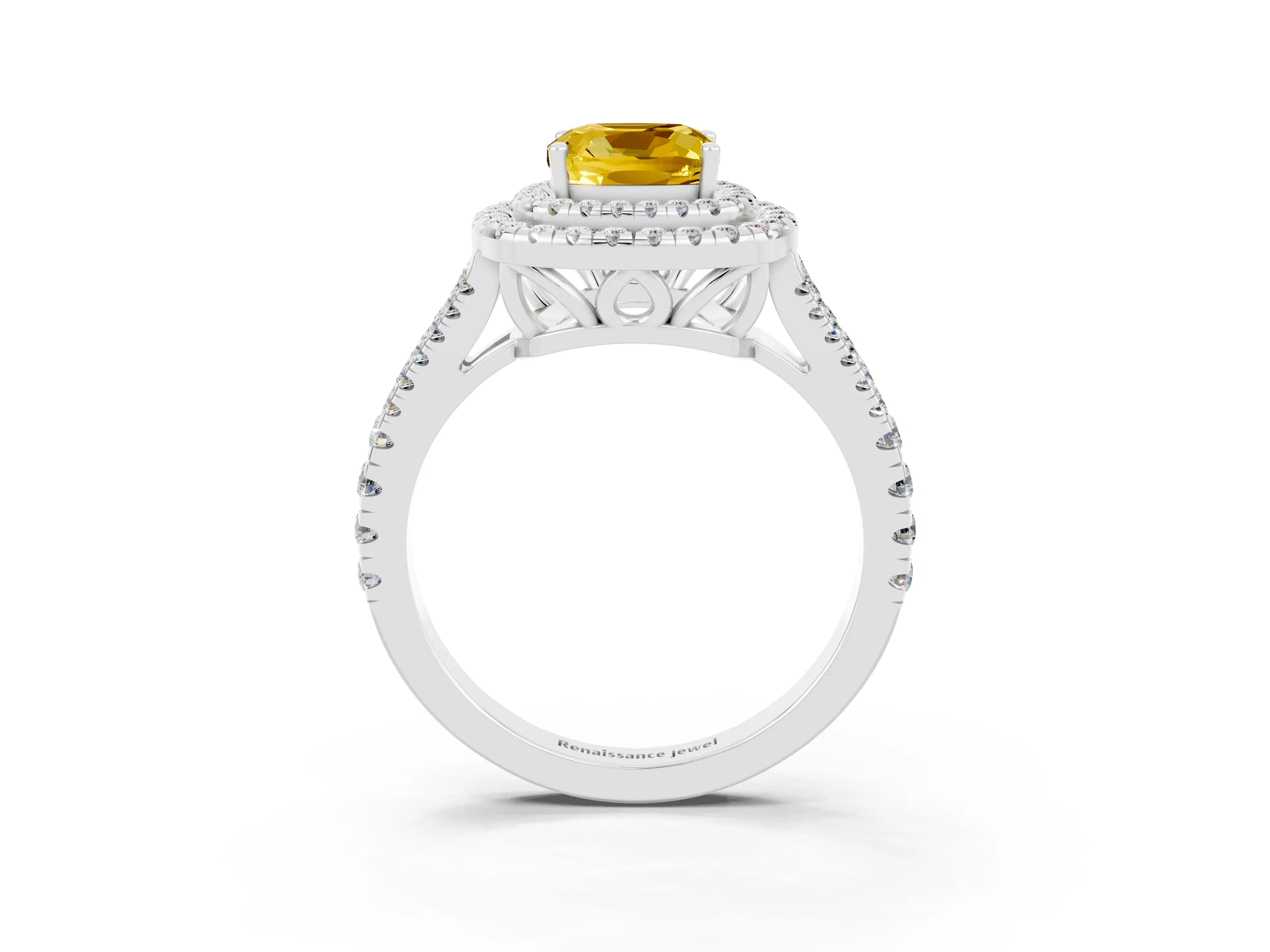 White gold Cushion Cut Yellow Sapphire Double Halo Ring with Pavé Band and Prong Setting_15