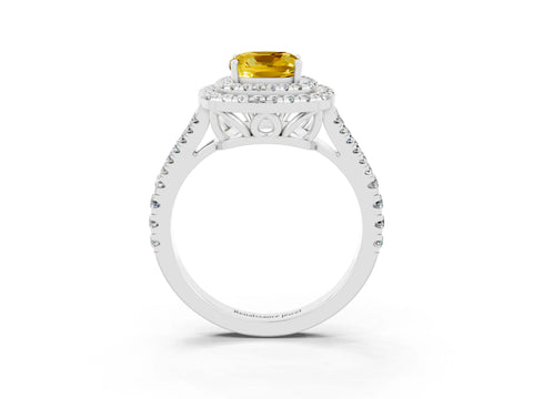 White gold Cushion Cut Yellow Sapphire Double Halo Ring with Pavé Band and Prong Setting_15