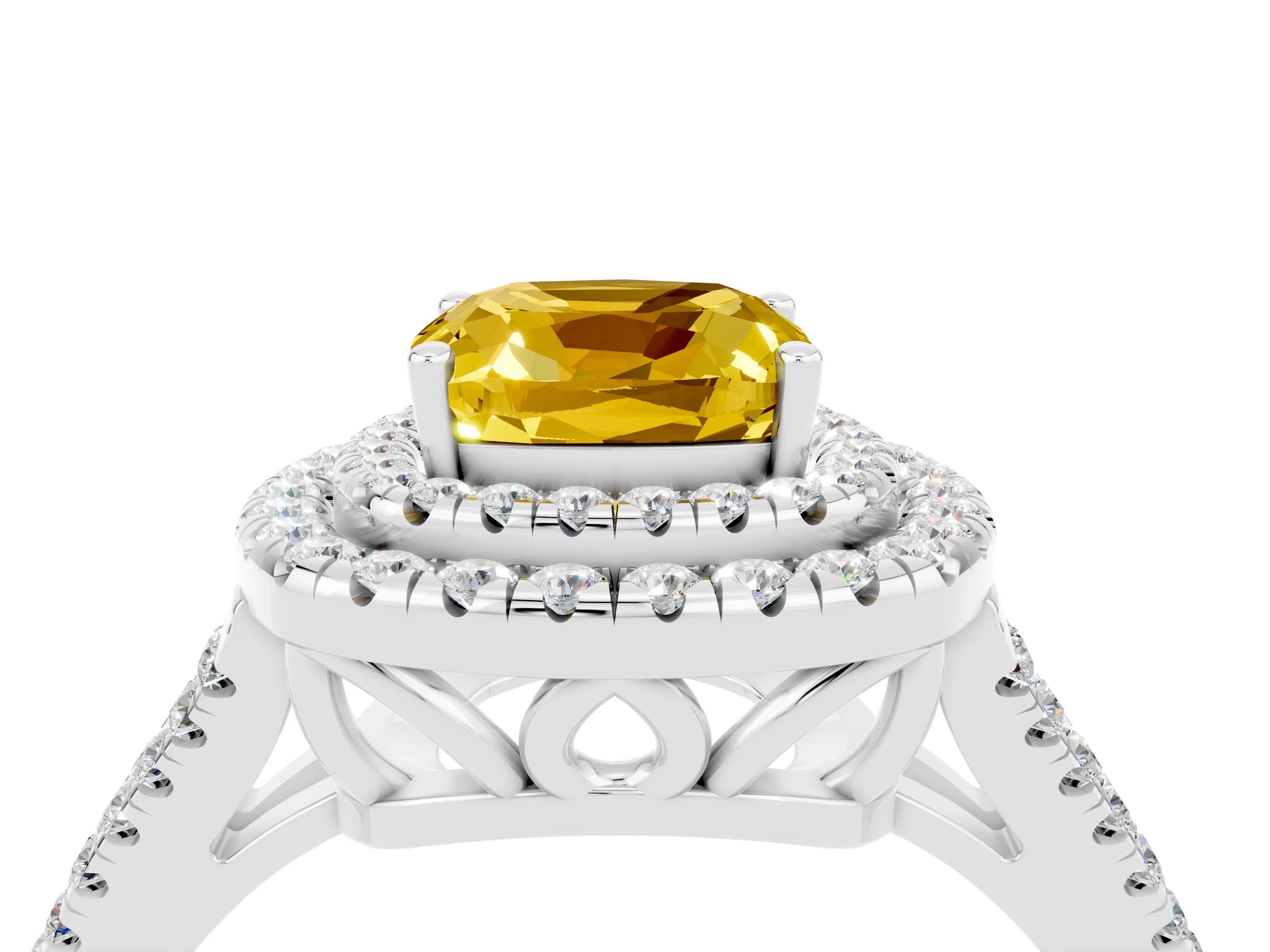 White gold Cushion Cut Yellow Sapphire Double Halo Ring with Pavé Band and Prong Setting_16