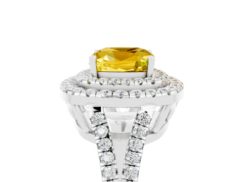 White gold Cushion Cut Yellow Sapphire Double Halo Ring with Pavé Band and Prong Setting_17