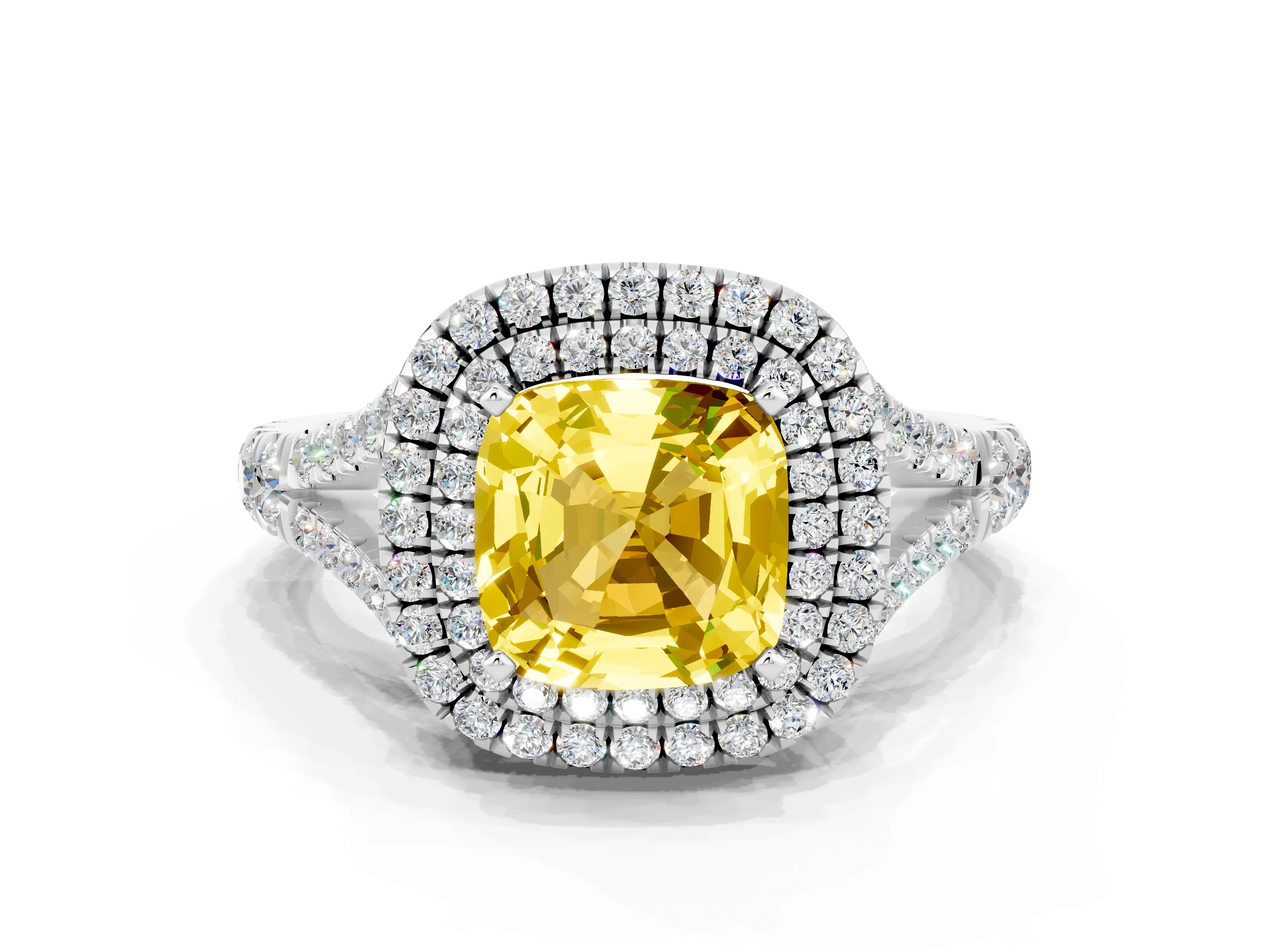White gold Cushion Cut Yellow Sapphire Double Halo Ring with Split Shank and Prong Setting_12