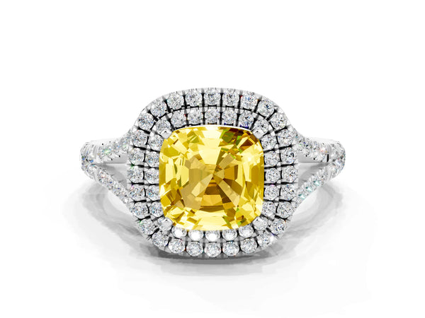 Platinum Cushion Cut Yellow Sapphire Double Halo Ring with Split Shank and Prong Setting