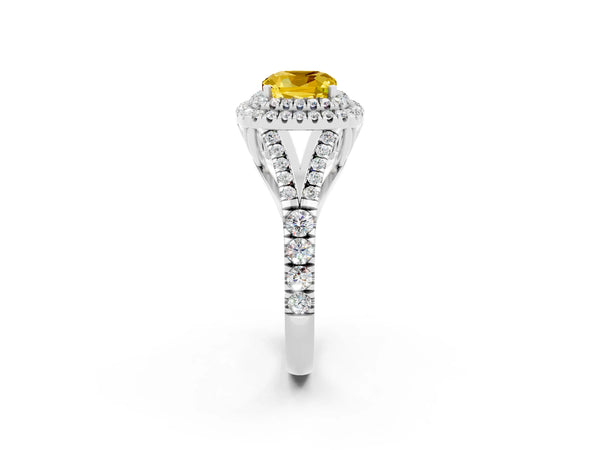 Silver Cushion Cut Yellow Sapphire Double Halo Ring with Split Shank and Prong Setting