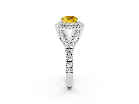 White gold Cushion Cut Yellow Sapphire Double Halo Ring with Split Shank and Prong Setting_14