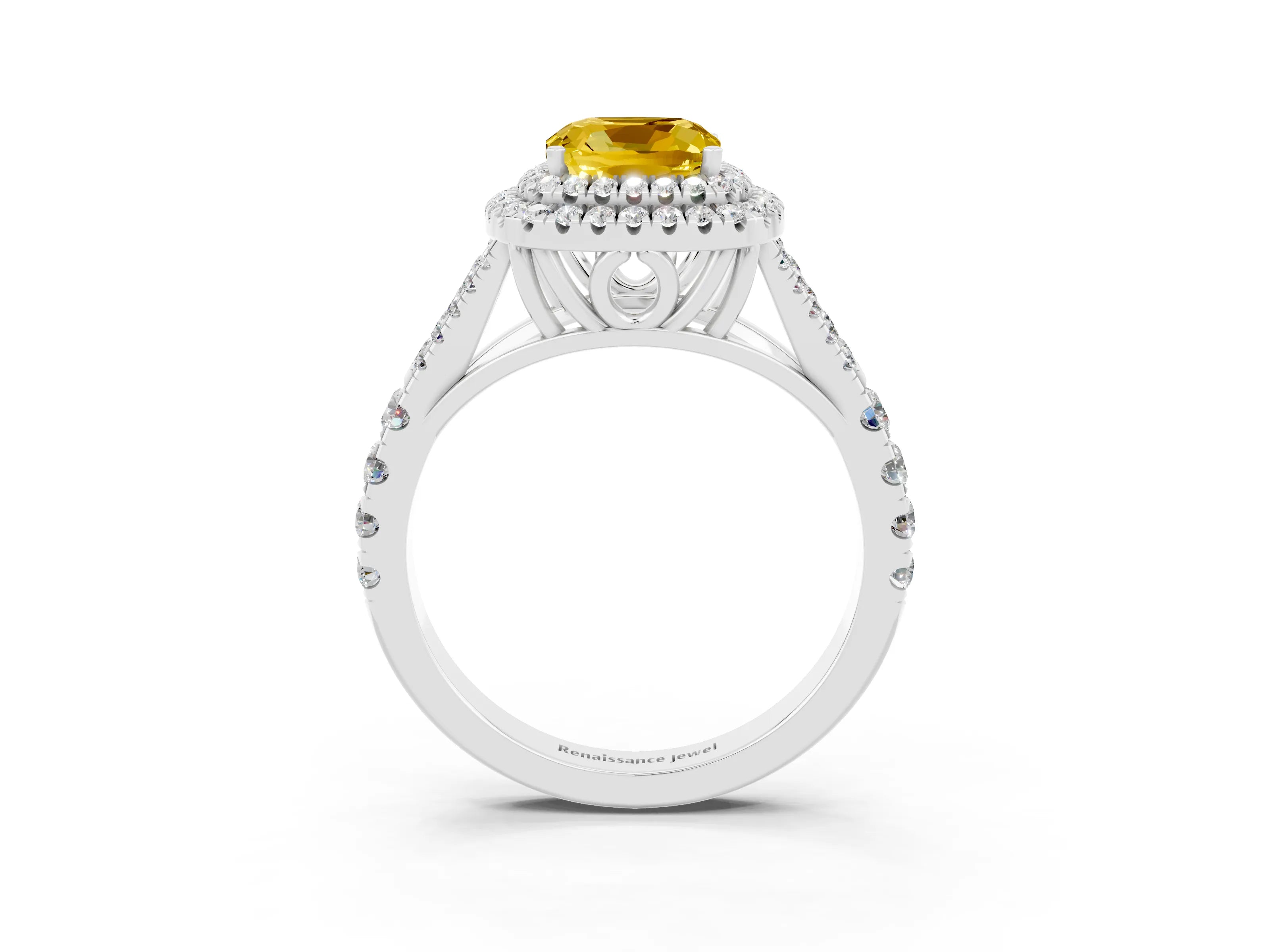 White gold Cushion Cut Yellow Sapphire Double Halo Ring with Split Shank and Prong Setting_15