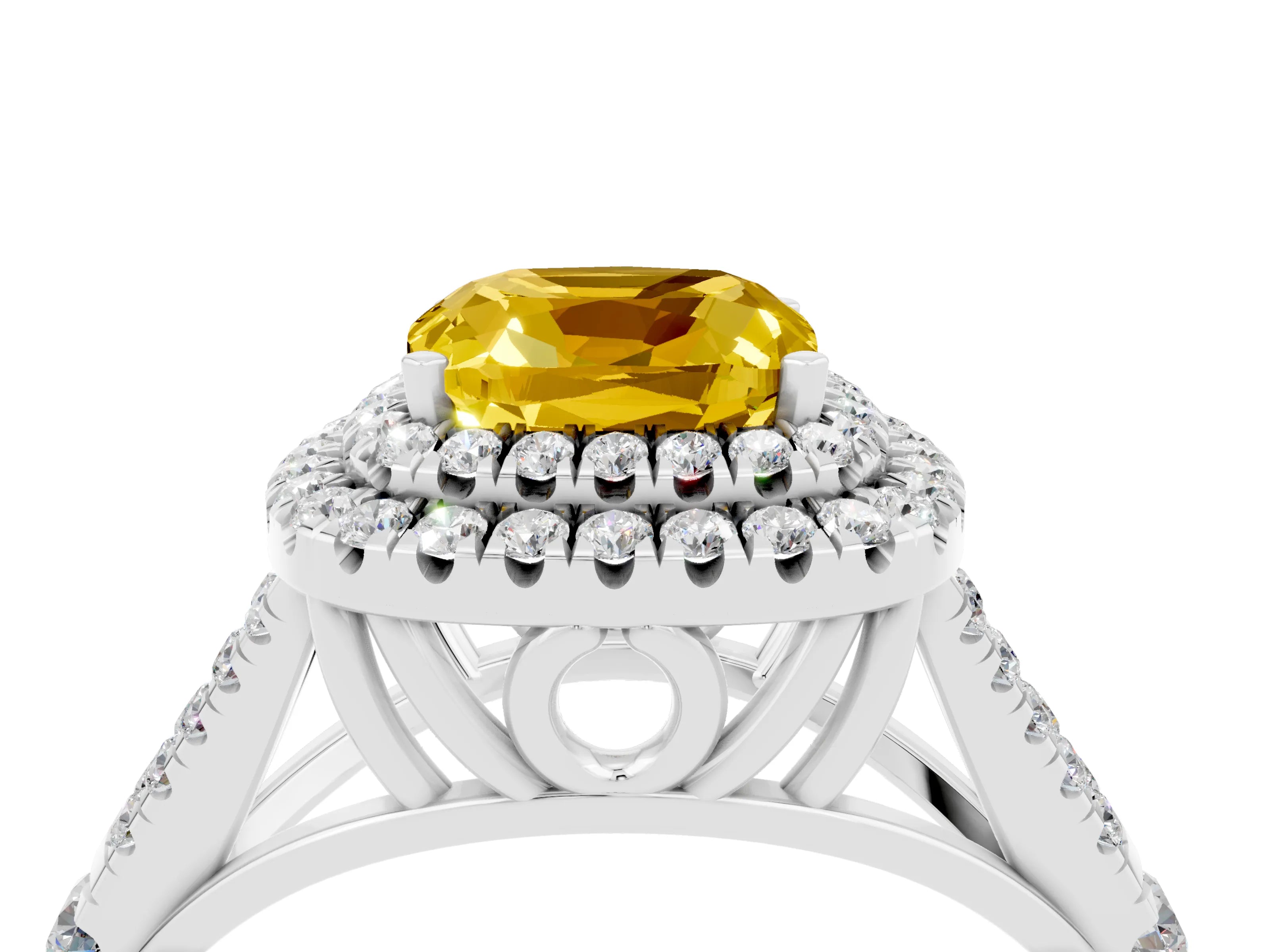 White gold Cushion Cut Yellow Sapphire Double Halo Ring with Split Shank and Prong Setting_16