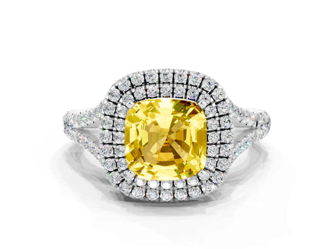 White gold Cushion Cut Yellow Sapphire Double Halo Ring with Split Shank and Prong Setting_24