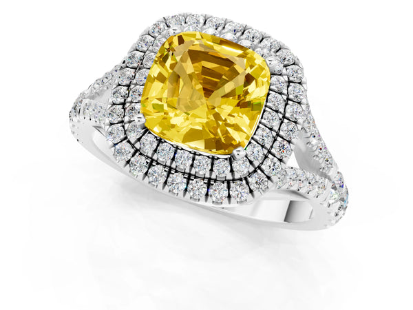 White gold Cushion Cut Yellow Sapphire Double Halo Ring with Split Shank and Prong Setting