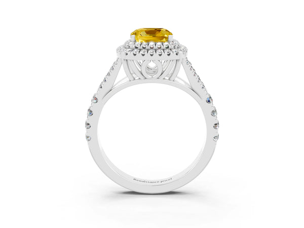 White gold Cushion Cut Yellow Sapphire Double Halo Ring with Split Shank and Prong Setting