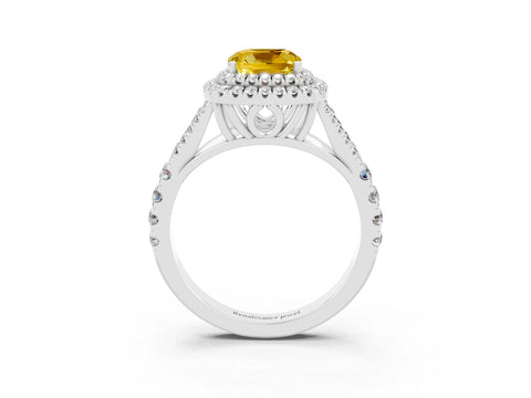 White gold Cushion Cut Yellow Sapphire Double Halo Ring with Split Shank and Prong Setting_27
