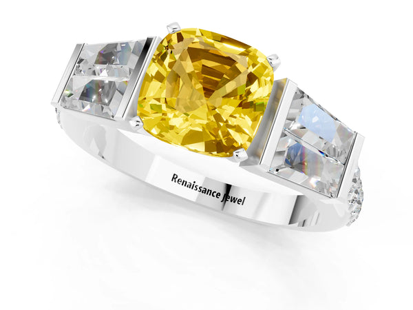 White gold Cushion Cut Yellow Sapphire Engagement Ring with Baguette Side Stones and Channel Set Band