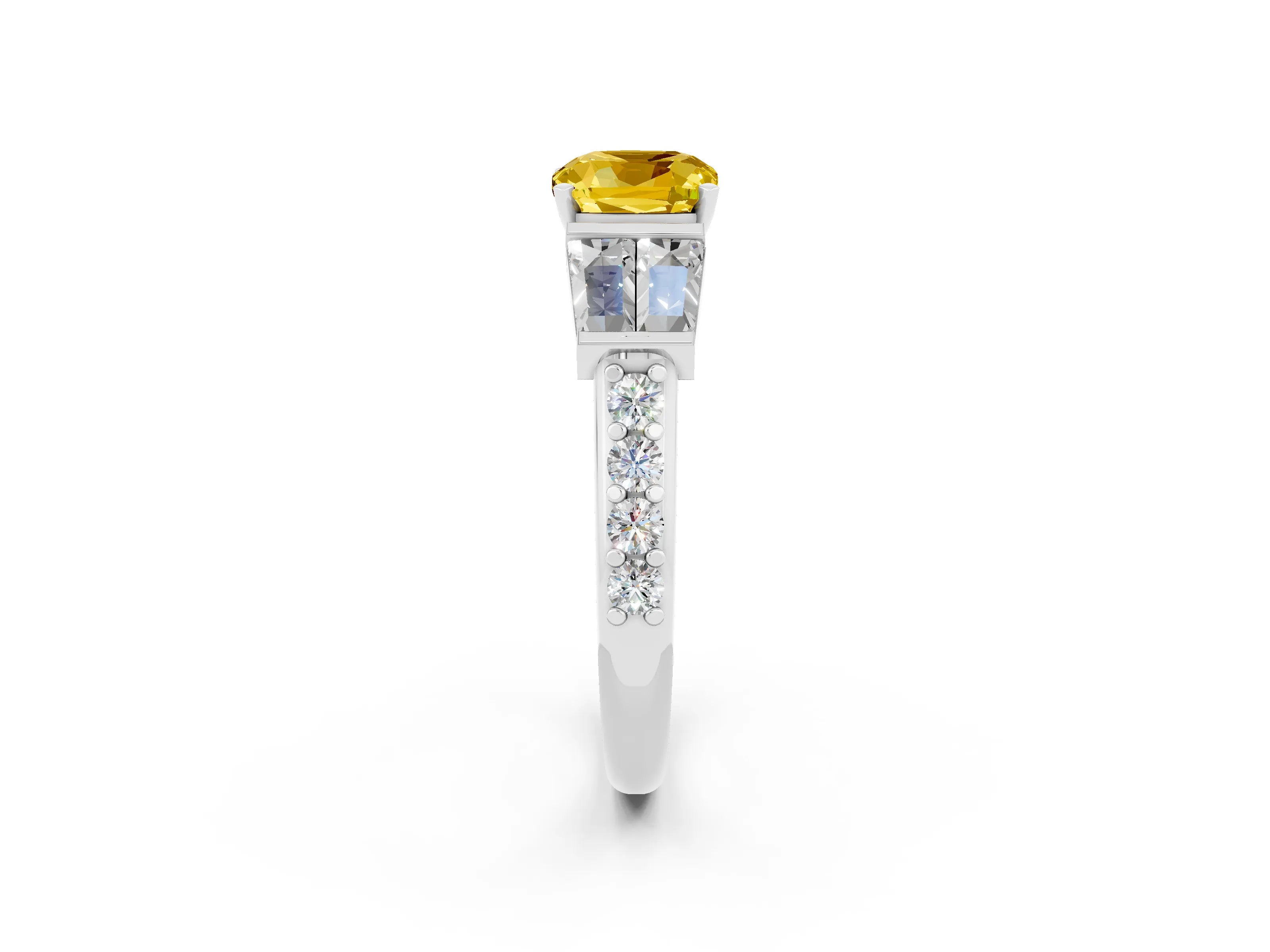 White gold Cushion Cut Yellow Sapphire Engagement Ring with Baguette Side Stones and Channel Set Band_2