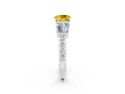 White gold Cushion Cut Yellow Sapphire Engagement Ring with Baguette Side Stones and Channel Set Band_2
