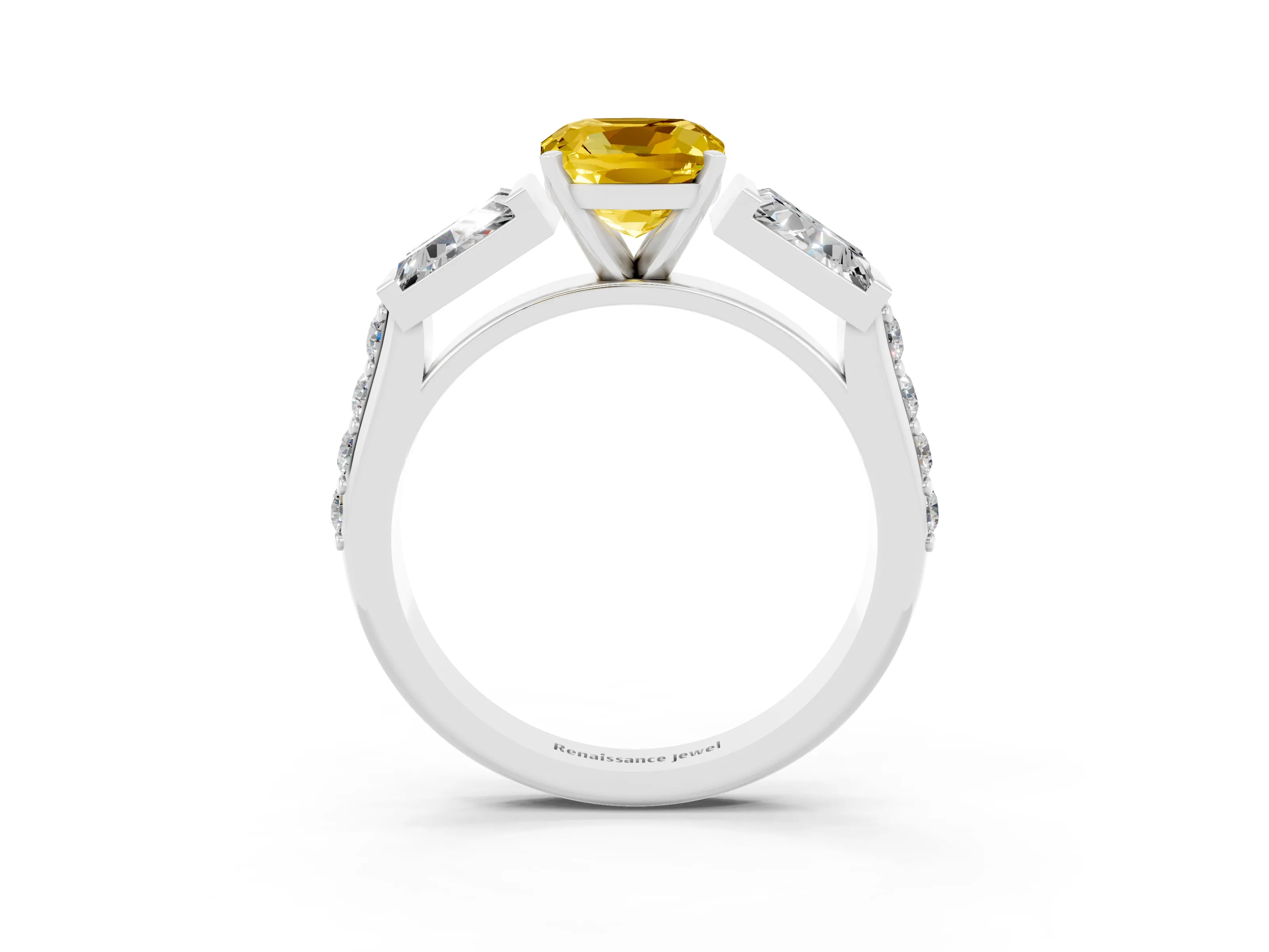 White gold Cushion Cut Yellow Sapphire Engagement Ring with Baguette Side Stones and Channel Set Band_3