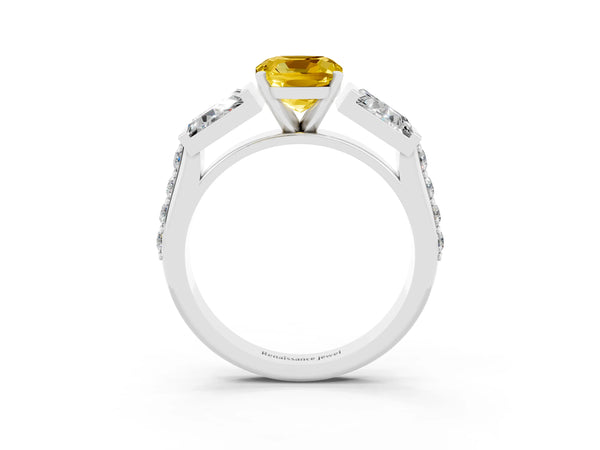 Platinum Cushion Cut Yellow Sapphire Engagement Ring with Baguette Side Stones and Channel Set Band