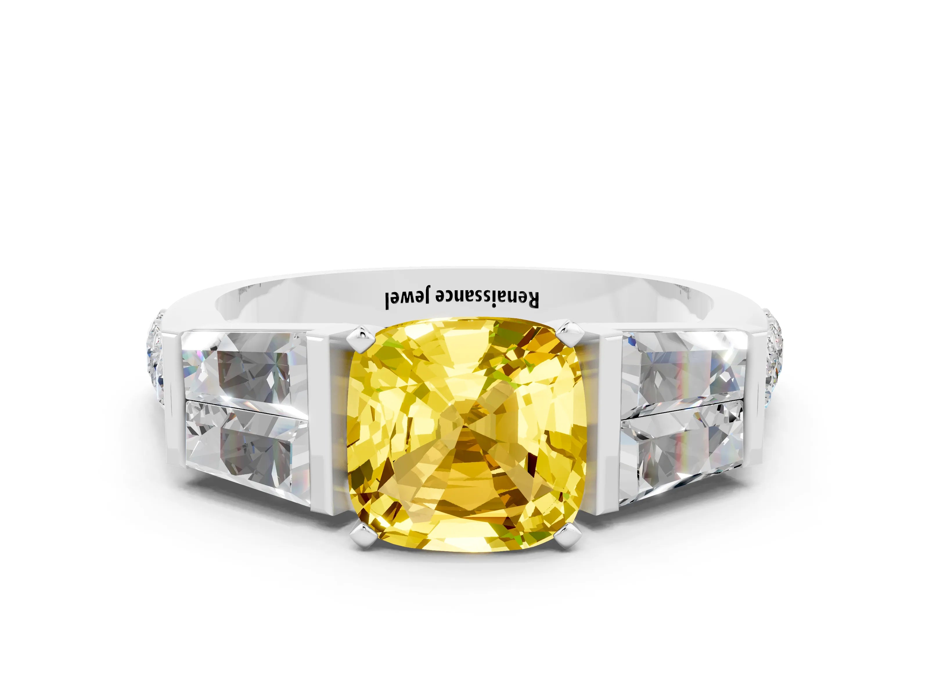 White gold Cushion Cut Yellow Sapphire Engagement Ring with Baguette Side Stones and Channel Set Band