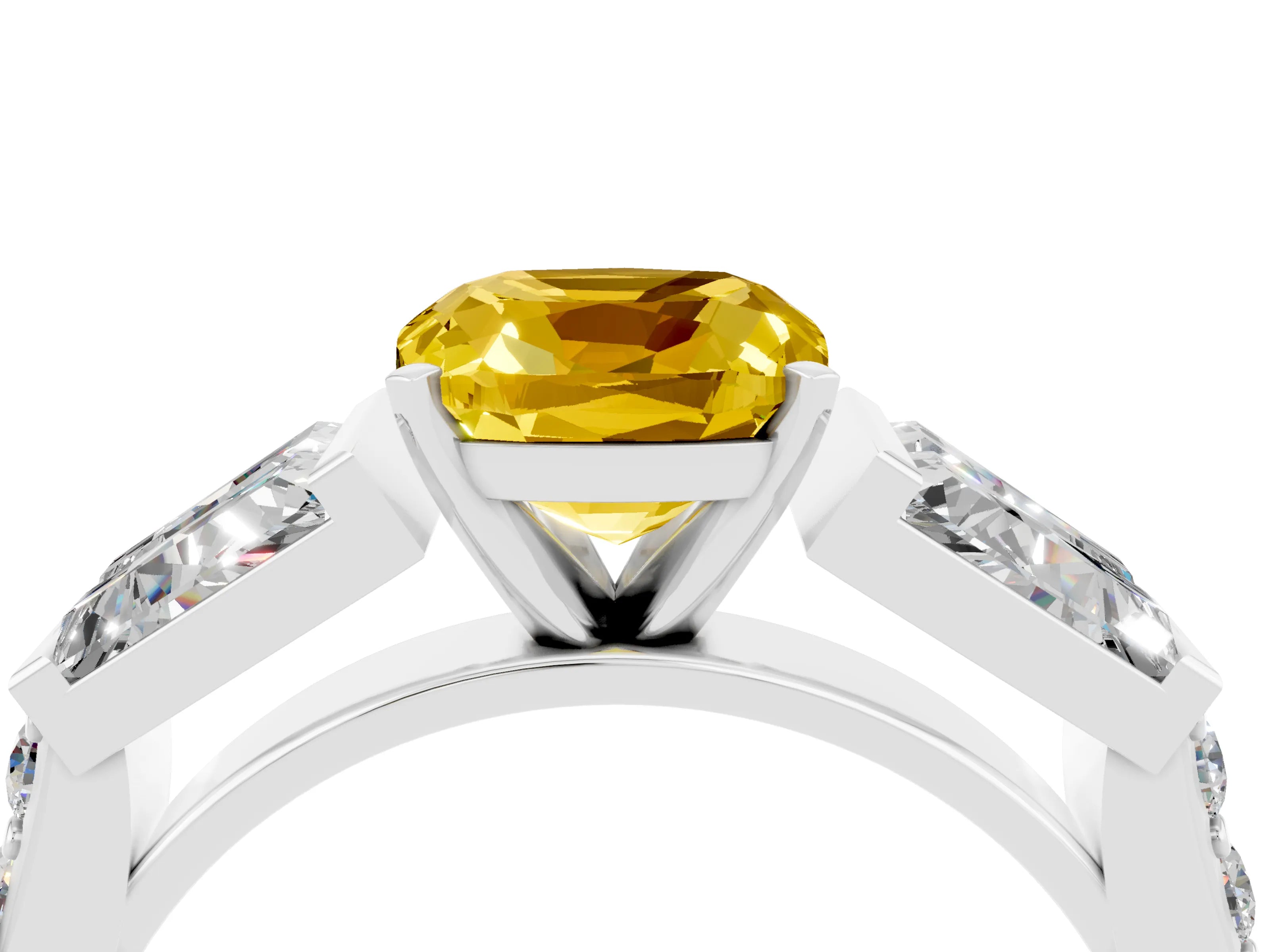 White gold Cushion Cut Yellow Sapphire Engagement Ring with Baguette Side Stones and Channel Set Band_4