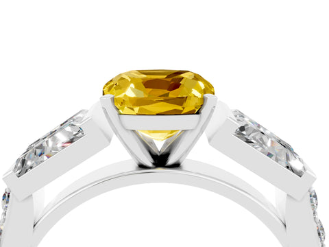 White gold Cushion Cut Yellow Sapphire Engagement Ring with Baguette Side Stones and Channel Set Band_4