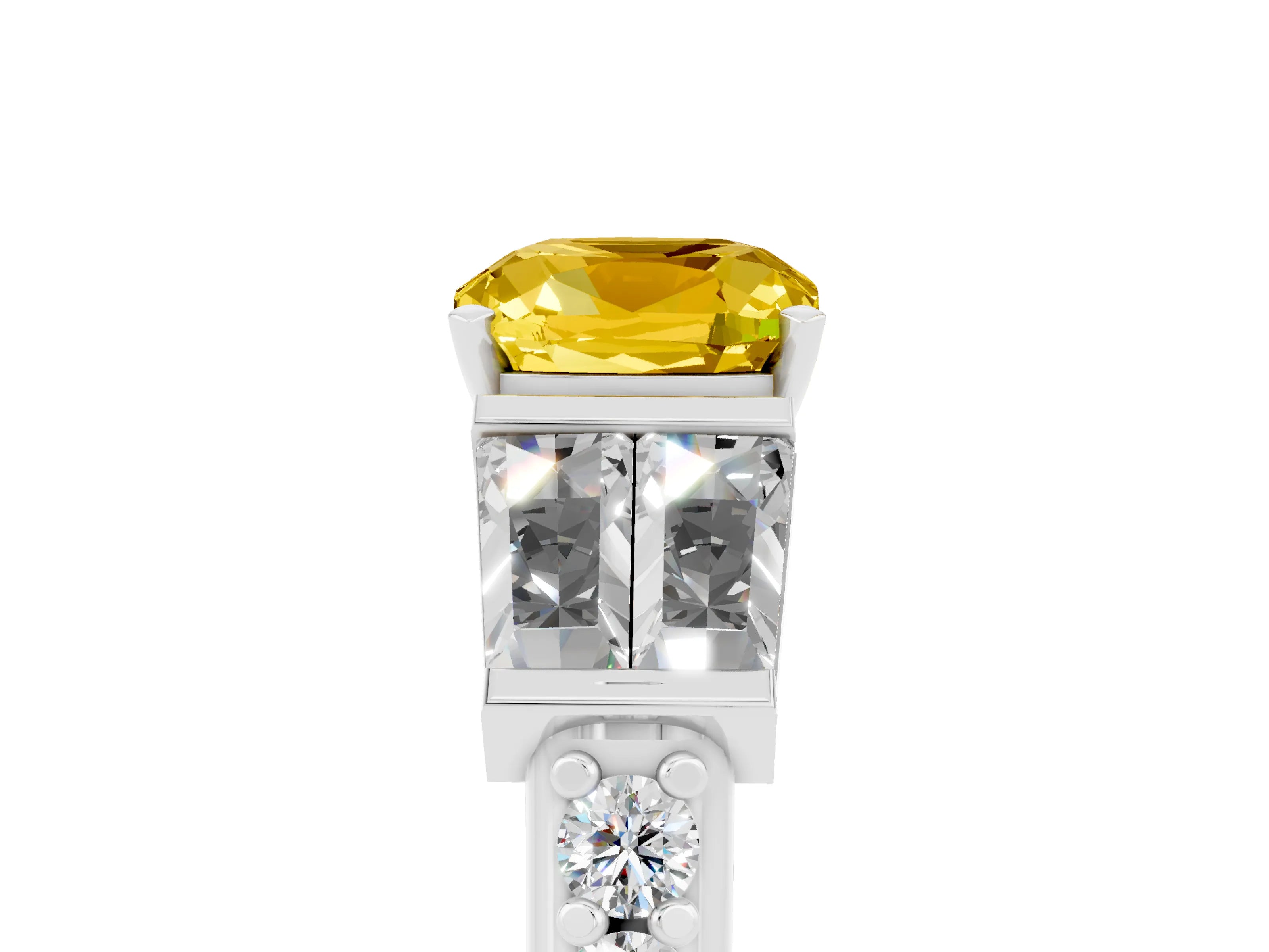White gold Cushion Cut Yellow Sapphire Engagement Ring with Baguette Side Stones and Channel Set Band_5