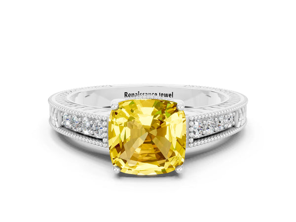 Silver Cushion Cut Yellow Sapphire Engagement Ring with Milgrain Channel Set Band and Prong Setting