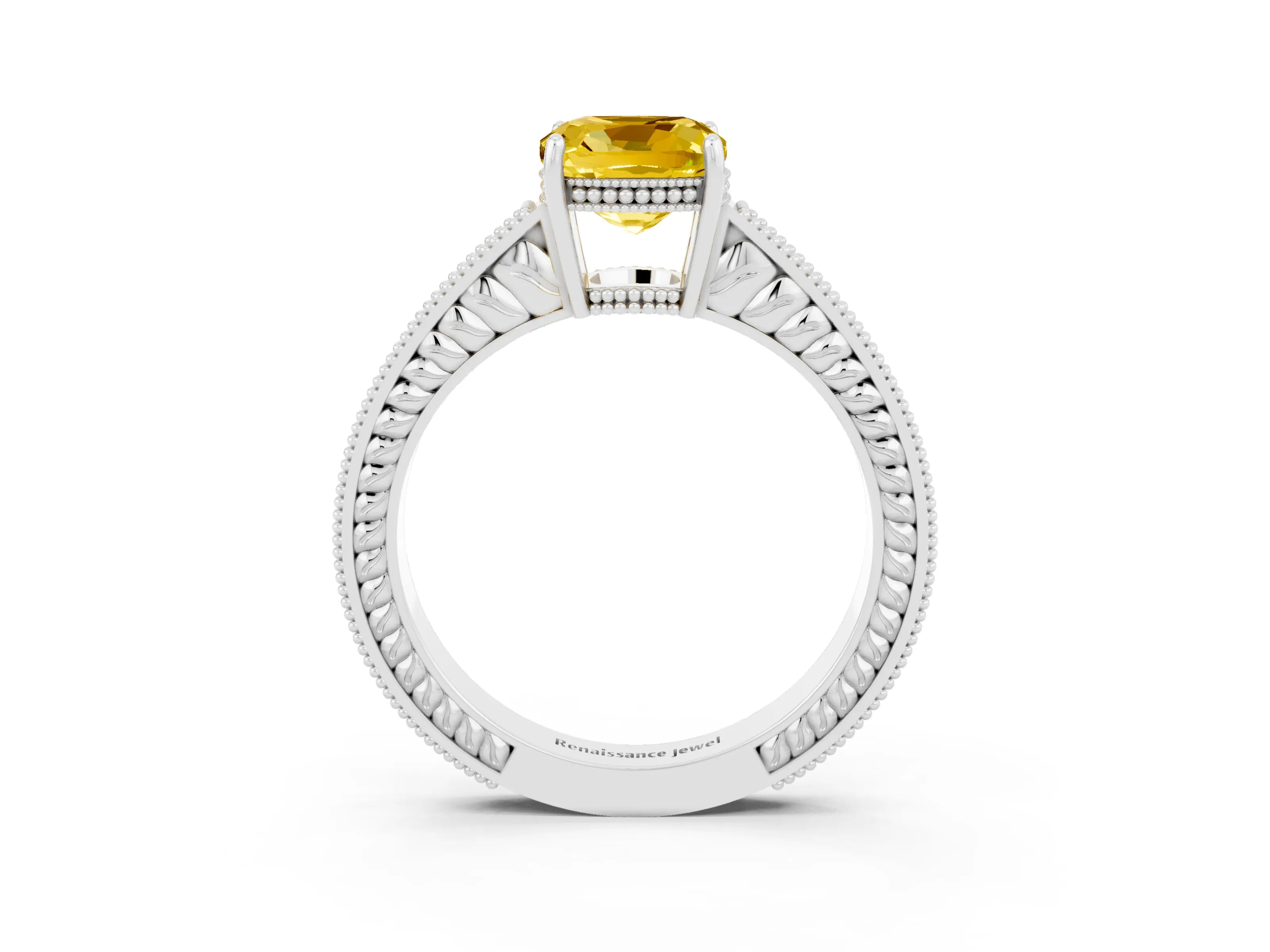 White gold Cushion Cut Yellow Sapphire Engagement Ring with Milgrain Channel Set Band and Prong Setting_27
