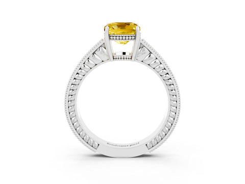 White gold Cushion Cut Yellow Sapphire Engagement Ring with Milgrain Channel Set Band and Prong Setting_27