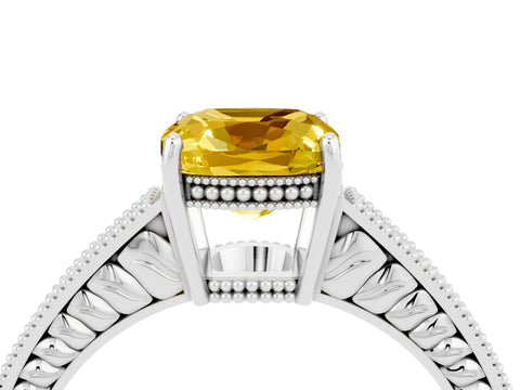 White gold Cushion Cut Yellow Sapphire Engagement Ring with Milgrain Channel Set Band and Prong Setting_28