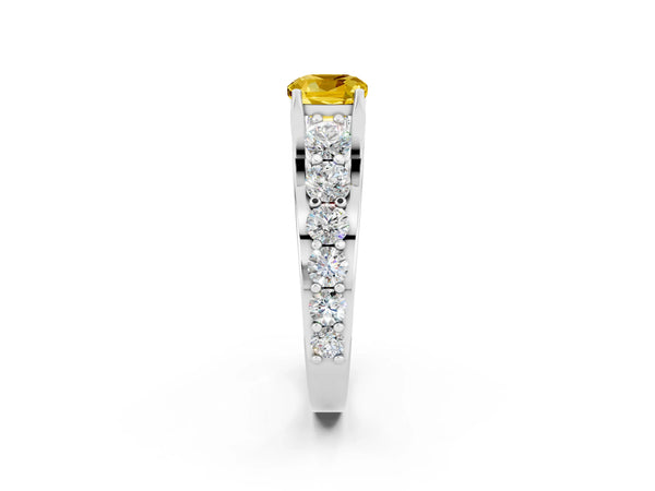 Silver Cushion Cut Yellow Sapphire Engagement Ring with Pavé Band and Four-Prong Setting