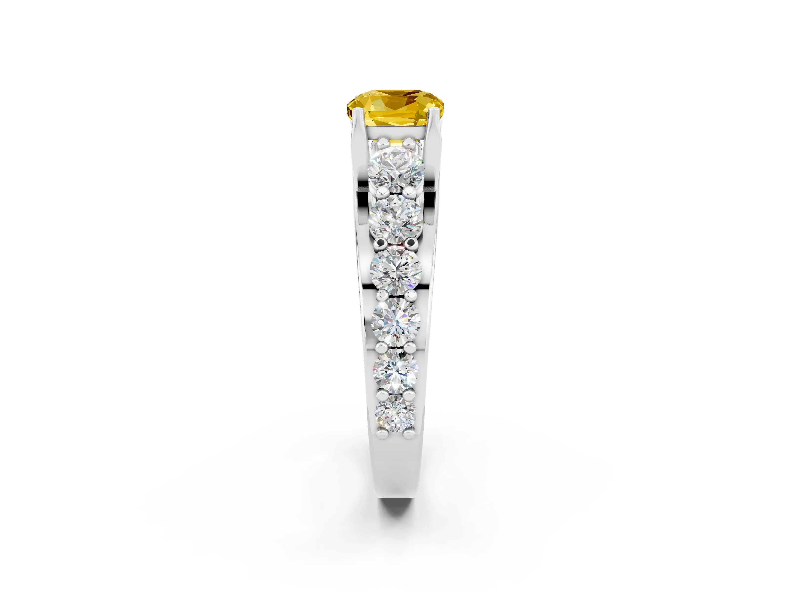White gold Cushion Cut Yellow Sapphire Engagement Ring with Pavé Band and Four-Prong Setting_2
