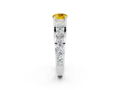 White gold Cushion Cut Yellow Sapphire Engagement Ring with Pavé Band and Four-Prong Setting_2