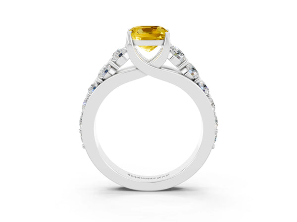 Platinum Cushion Cut Yellow Sapphire Engagement Ring with Pavé Band and Four-Prong Setting