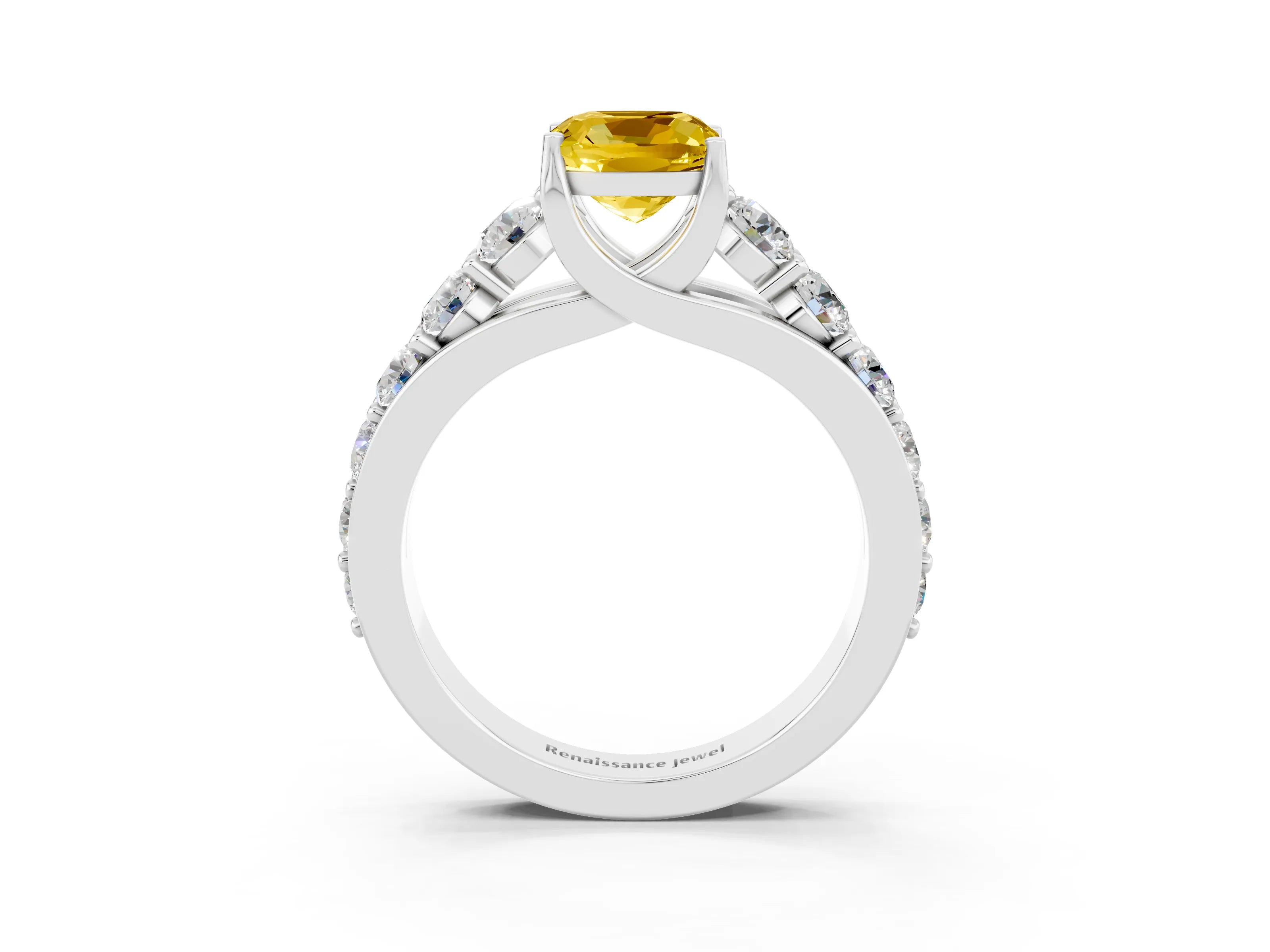White gold Cushion Cut Yellow Sapphire Engagement Ring with Pavé Band and Four-Prong Setting_3