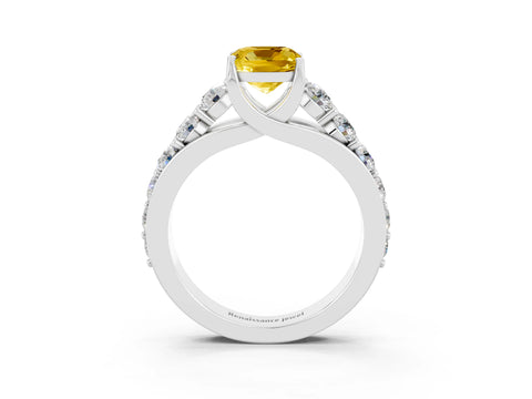 White gold Cushion Cut Yellow Sapphire Engagement Ring with Pavé Band and Four-Prong Setting_3