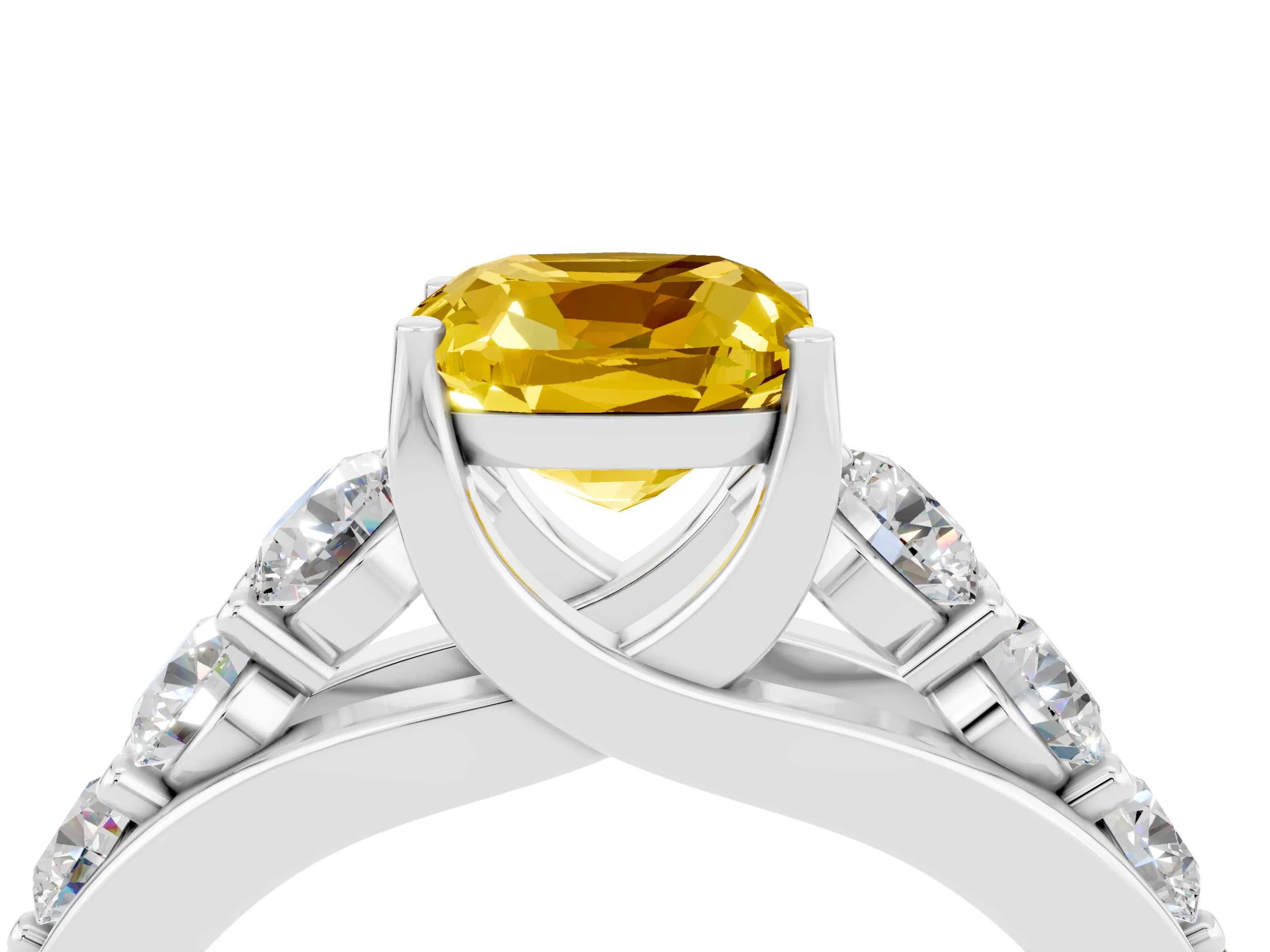 White gold Cushion Cut Yellow Sapphire Engagement Ring with Pavé Band and Four-Prong Setting_4