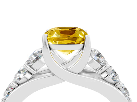 White gold Cushion Cut Yellow Sapphire Engagement Ring with Pavé Band and Four-Prong Setting_4