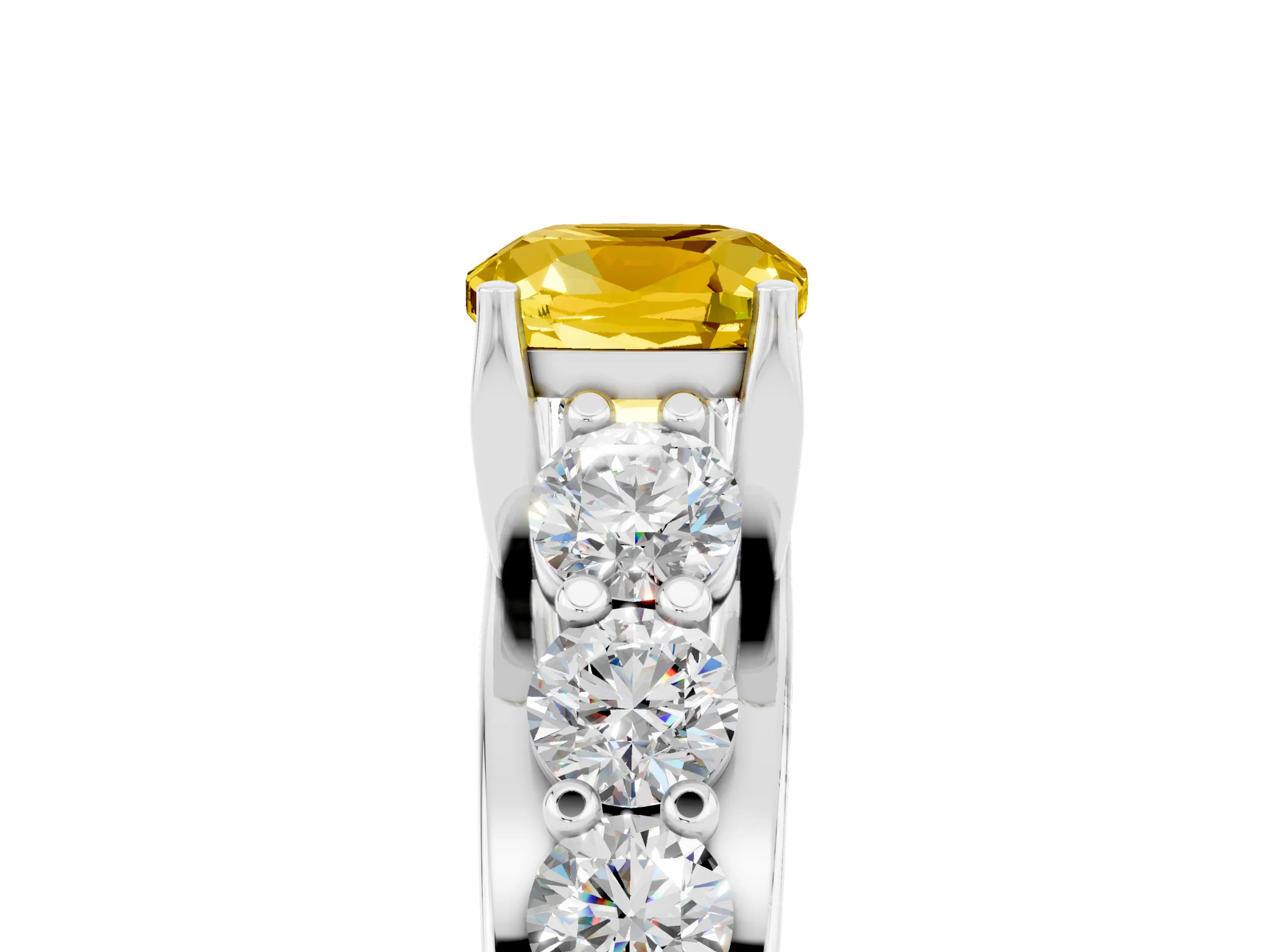 White gold Cushion Cut Yellow Sapphire Engagement Ring with Pavé Band and Four-Prong Setting_5