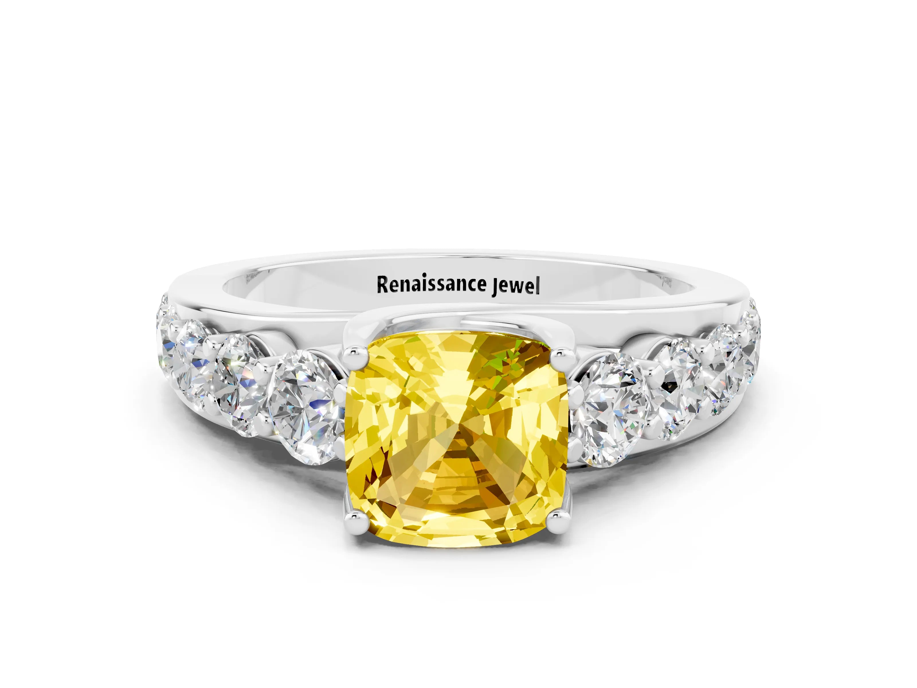 White gold Cushion Cut Yellow Sapphire Engagement Ring with Pavé Band and Four-Prong Setting