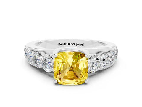 White gold Cushion Cut Yellow Sapphire Engagement Ring with Pavé Band and Four-Prong Setting