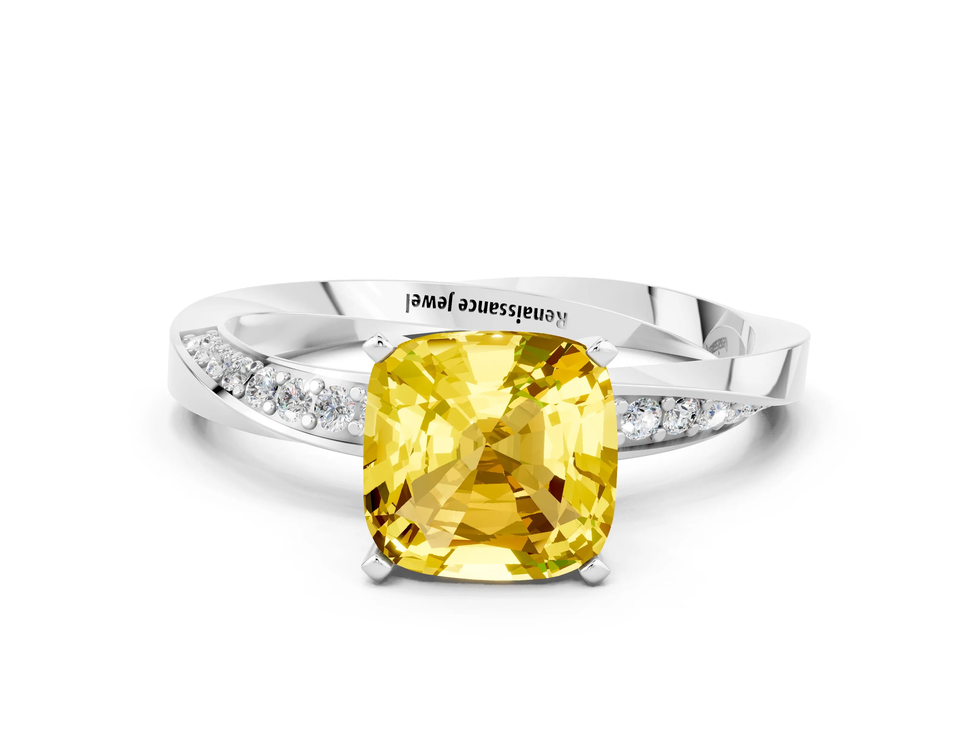 White gold Cushion Cut Yellow Sapphire Engagement Ring with Side Stone Accents and Four-Prong Setting_51