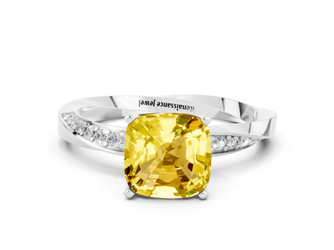 White gold Cushion Cut Yellow Sapphire Engagement Ring with Side Stone Accents and Four-Prong Setting_51