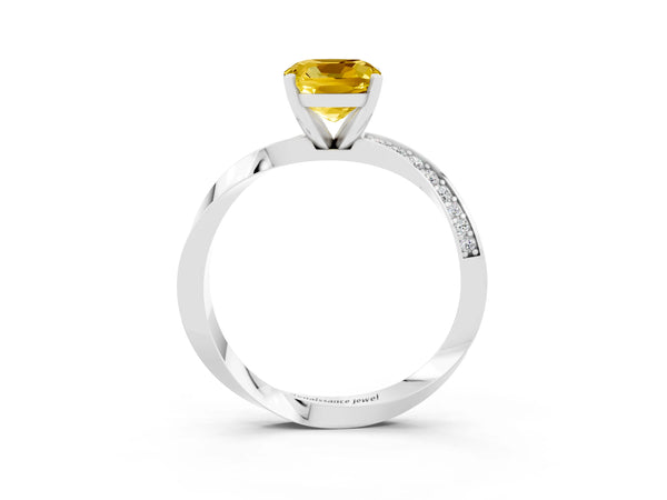 Silver Cushion Cut Yellow Sapphire Engagement Ring with Side Stone Accents and Four-Prong Setting