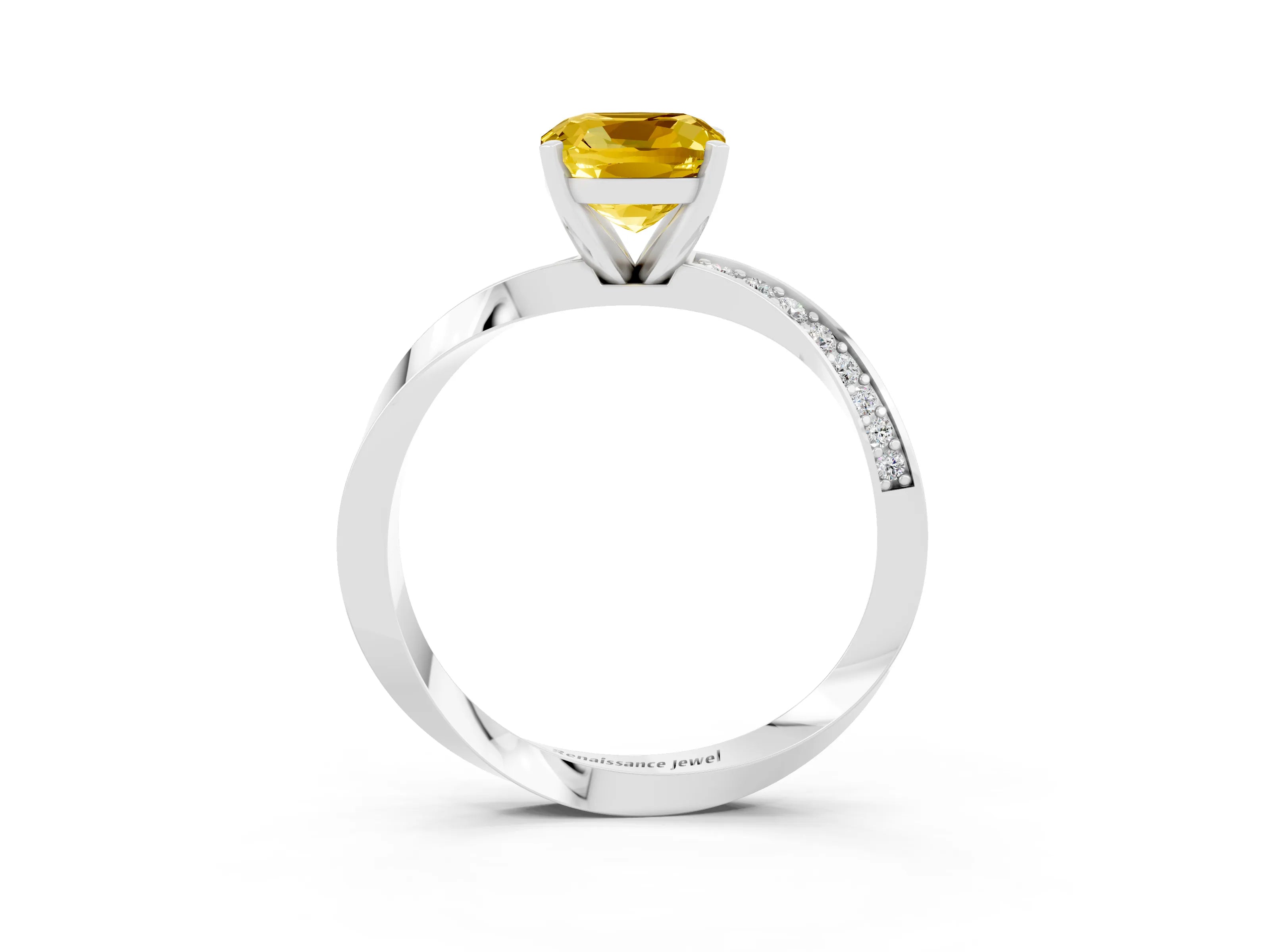 White gold Cushion Cut Yellow Sapphire Engagement Ring with Side Stone Accents and Four-Prong Setting_54