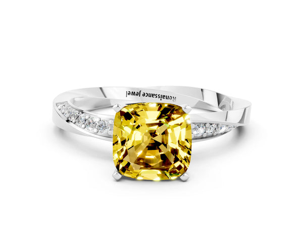 White gold Cushion Cut Yellow Sapphire Engagement Ring with Side Stone Accents and Four-Prong Setting