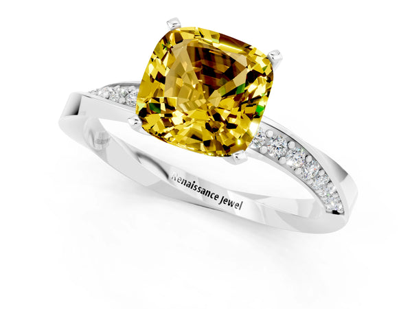 White gold Cushion Cut Yellow Sapphire Engagement Ring with Side Stone Accents and Four-Prong Setting
