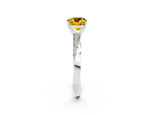 White gold Cushion Cut Yellow Sapphire Engagement Ring with Side Stone Accents and Four-Prong Setting