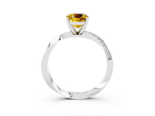 White gold Cushion Cut Yellow Sapphire Engagement Ring with Side Stone Accents and Four-Prong Setting